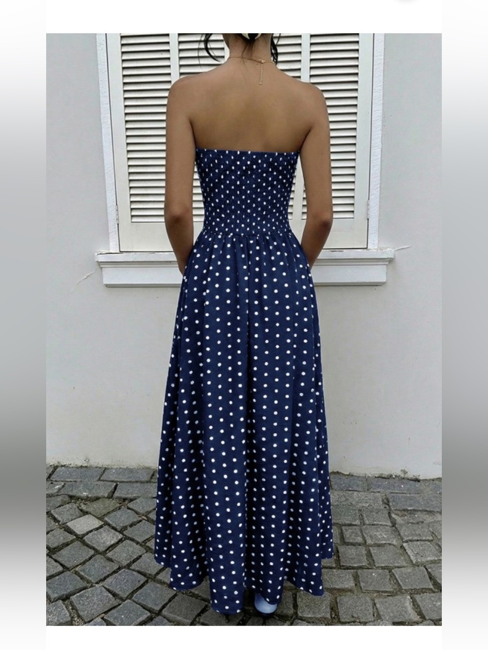 NWT Strapless Casual Polka Dot Navy Blue Maxi Dress - Picture 3 of 7